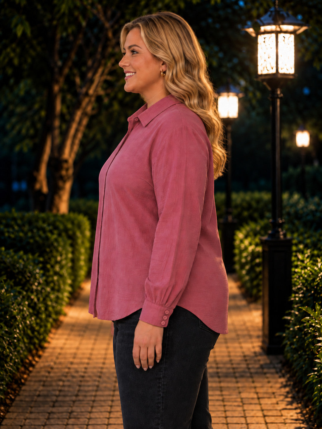 Women Plus Size Pink Solid Collared Long Sleeve Shirt