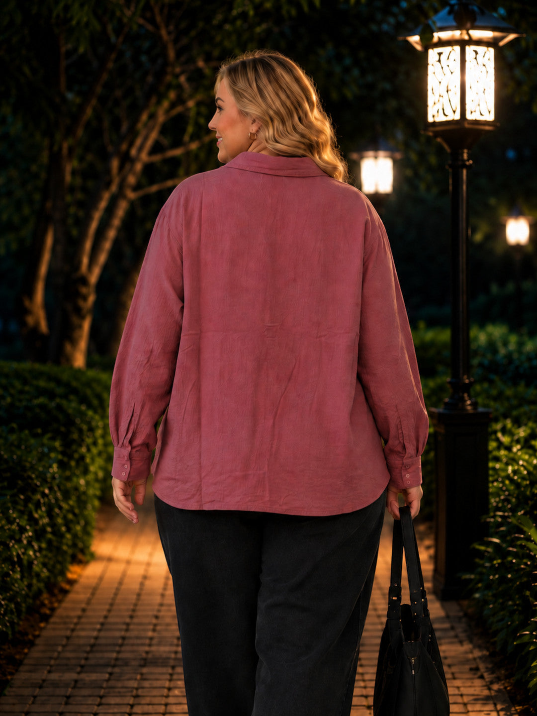 Women Plus Size Pink Solid Collared Long Sleeve Shirt