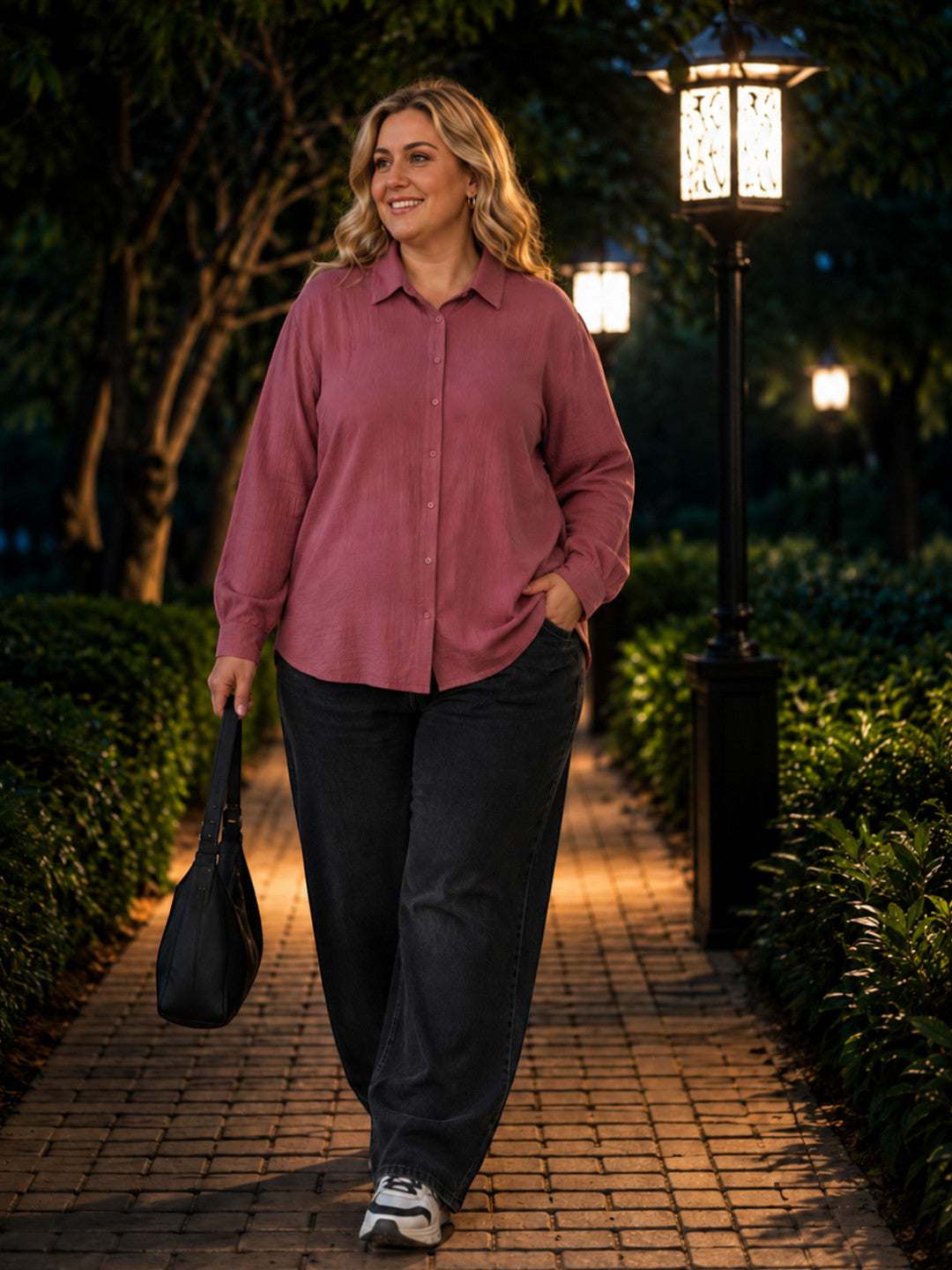 Women Plus Size Pink Solid Collared Long Sleeve Shirt