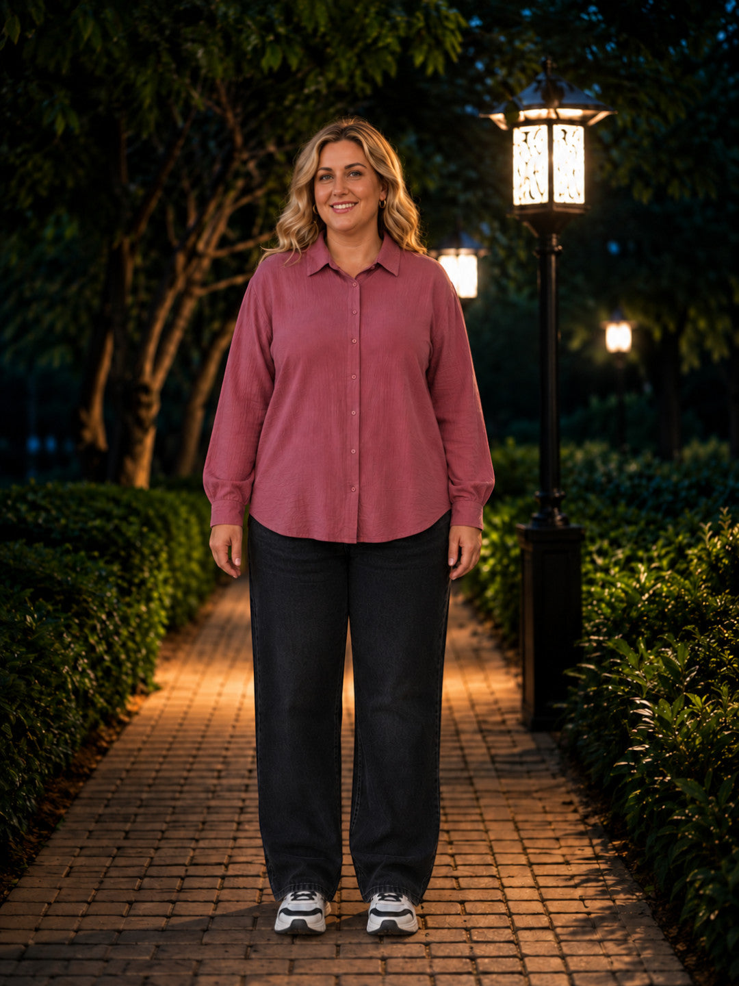 Women Plus Size Pink Solid Collared Long Sleeve Shirt
