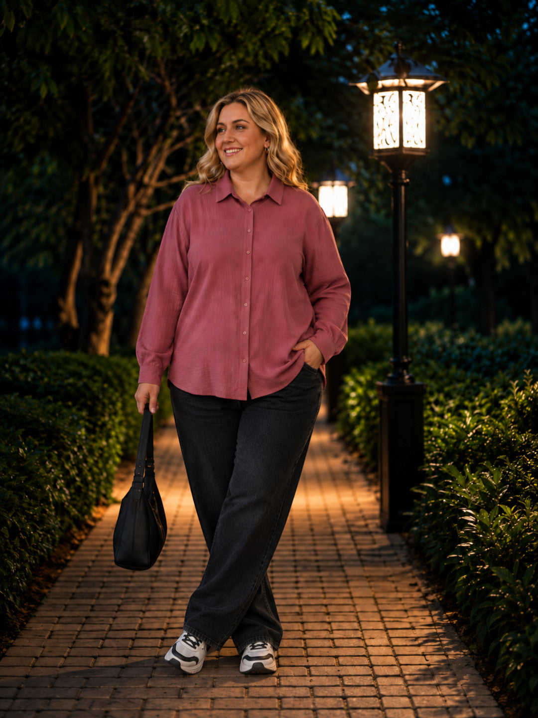 Women Plus Size Pink Solid Collared Long Sleeve Shirt