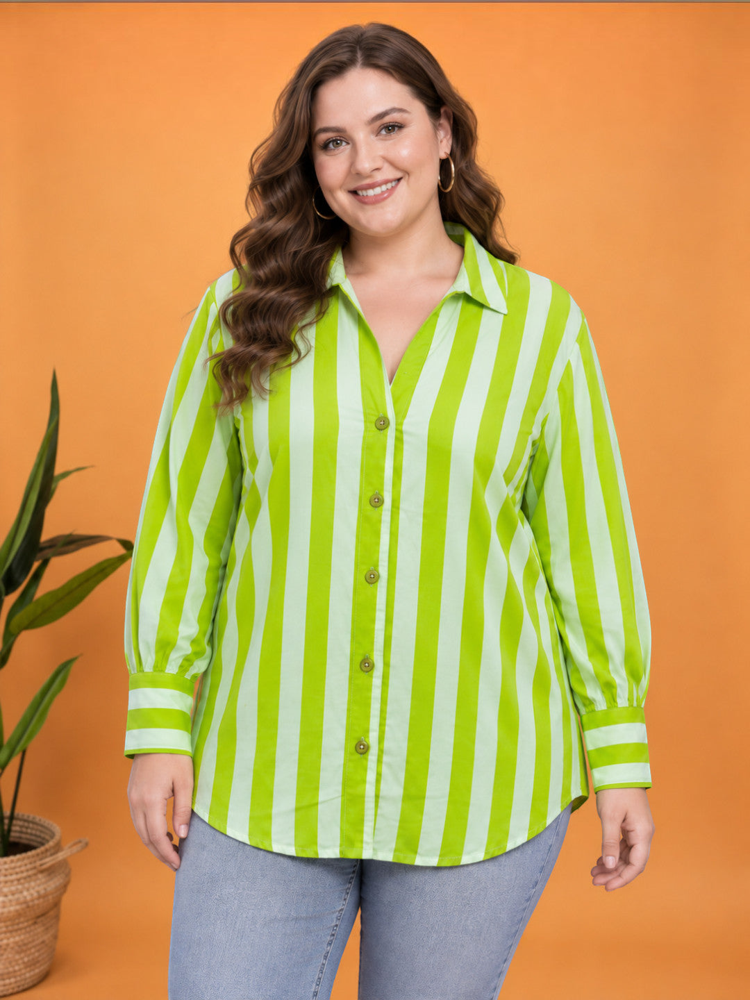 Women Plus Size Green Stripe Print Collared Long Sleeve Cotton Poplin Shirt