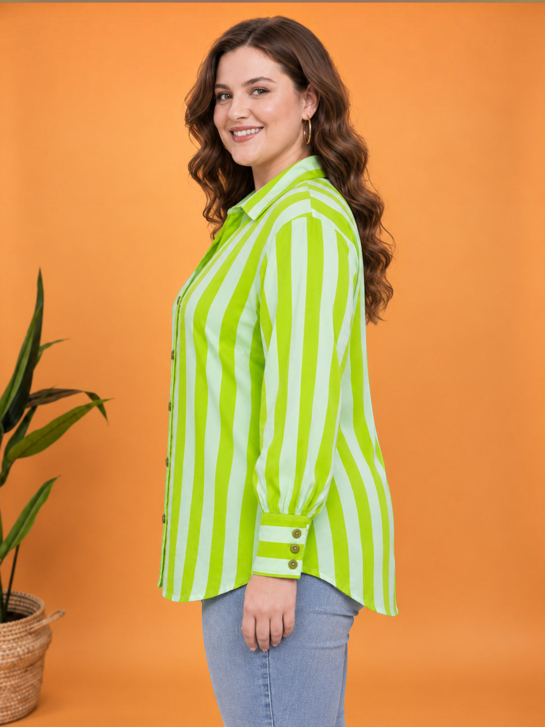 Women Plus Size Green Stripe Print Collared Long Sleeve Cotton Poplin Shirt