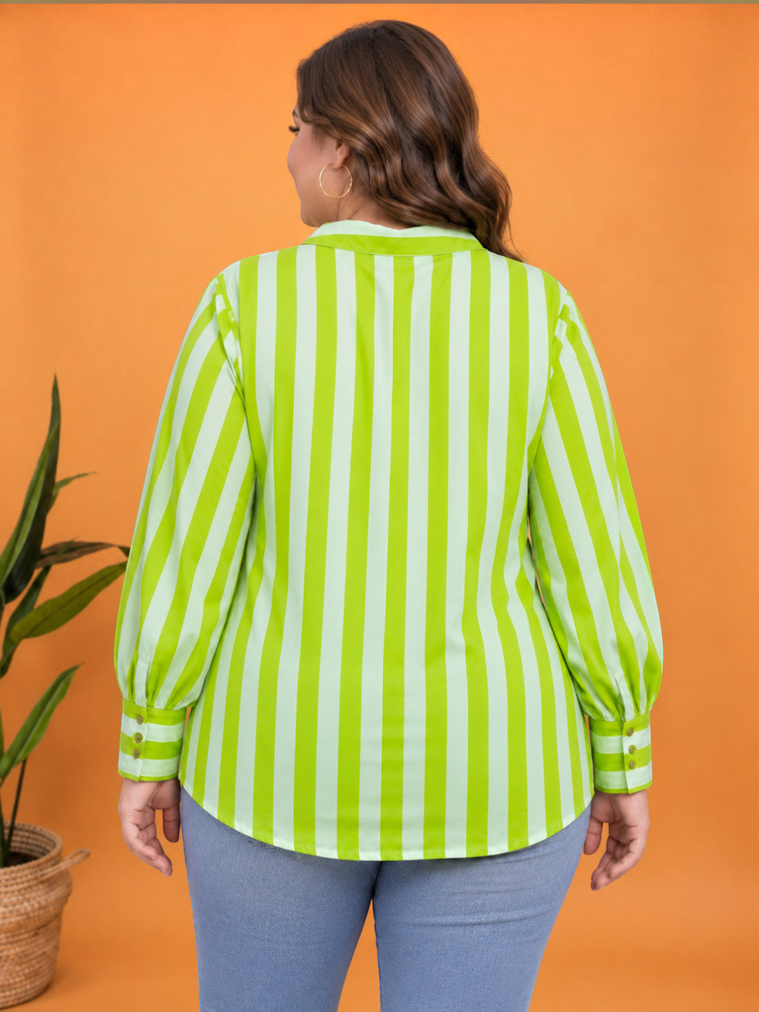 Women Plus Size Green Stripe Print Collared Long Sleeve Cotton Poplin Shirt