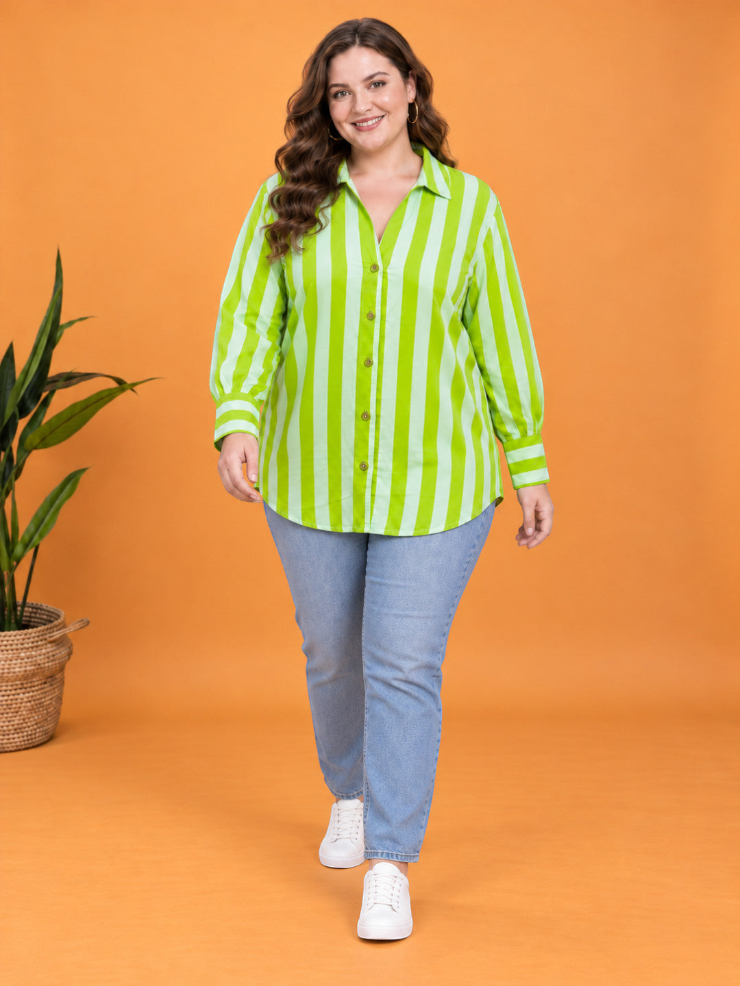 Women Plus Size Green Stripe Print Collared Long Sleeve Cotton Poplin Shirt