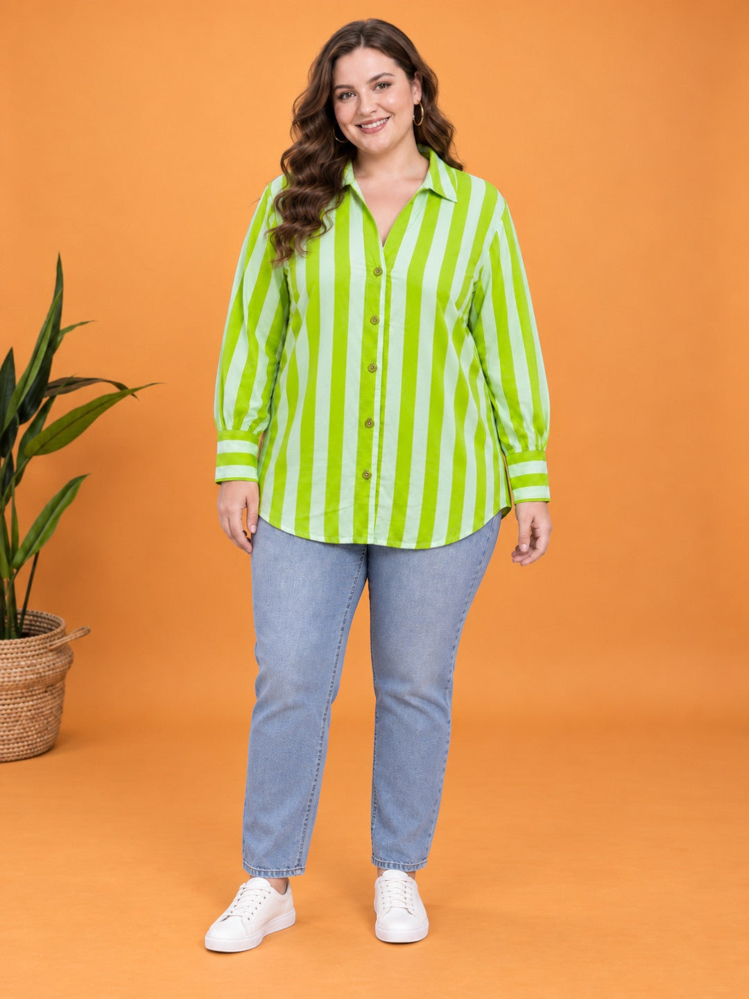 Women Plus Size Green Stripe Print Collared Long Sleeve Cotton Poplin Shirt