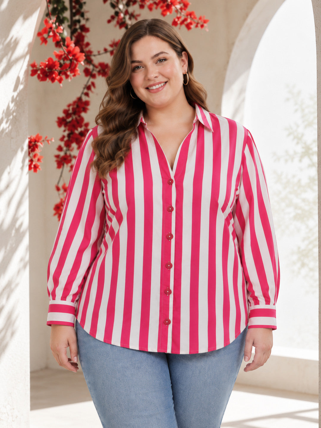 Women Plus Size Pink Stripe Print Collared Long Sleeve Cotton Poplin Shirt