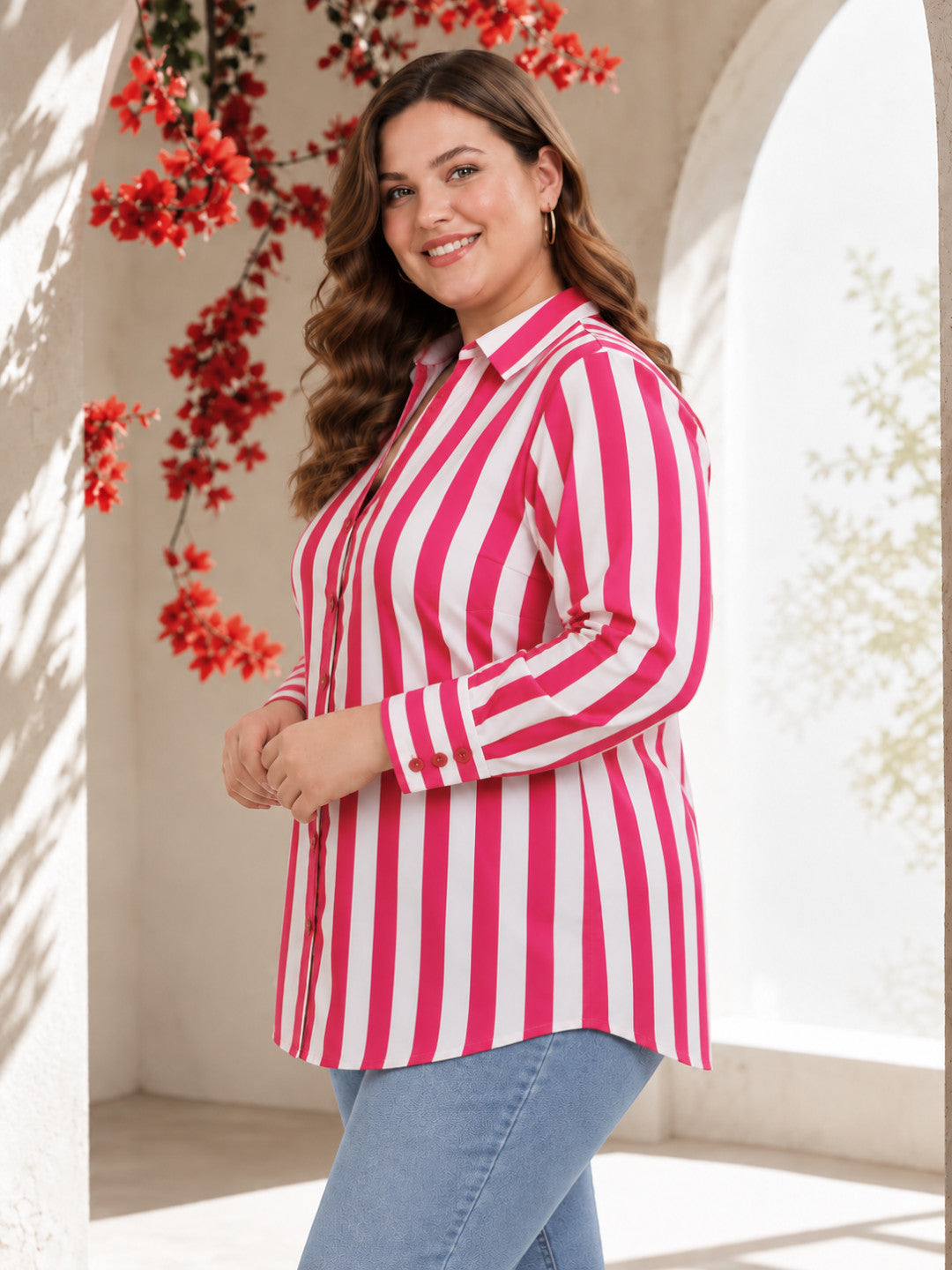 Women Plus Size Pink Stripe Print Collared Long Sleeve Cotton Poplin Shirt