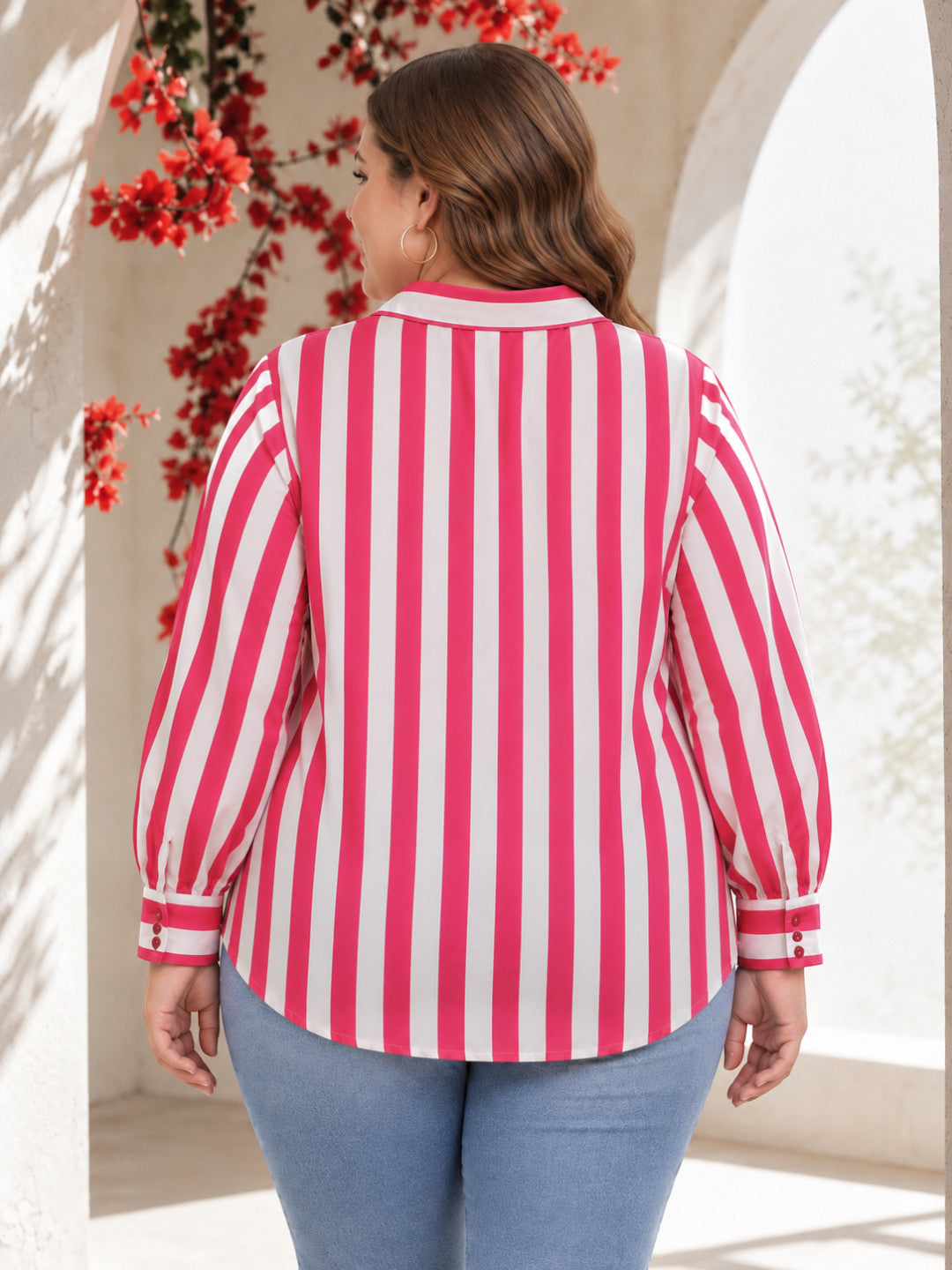 Women Plus Size Pink Stripe Print Collared Long Sleeve Cotton Poplin Shirt