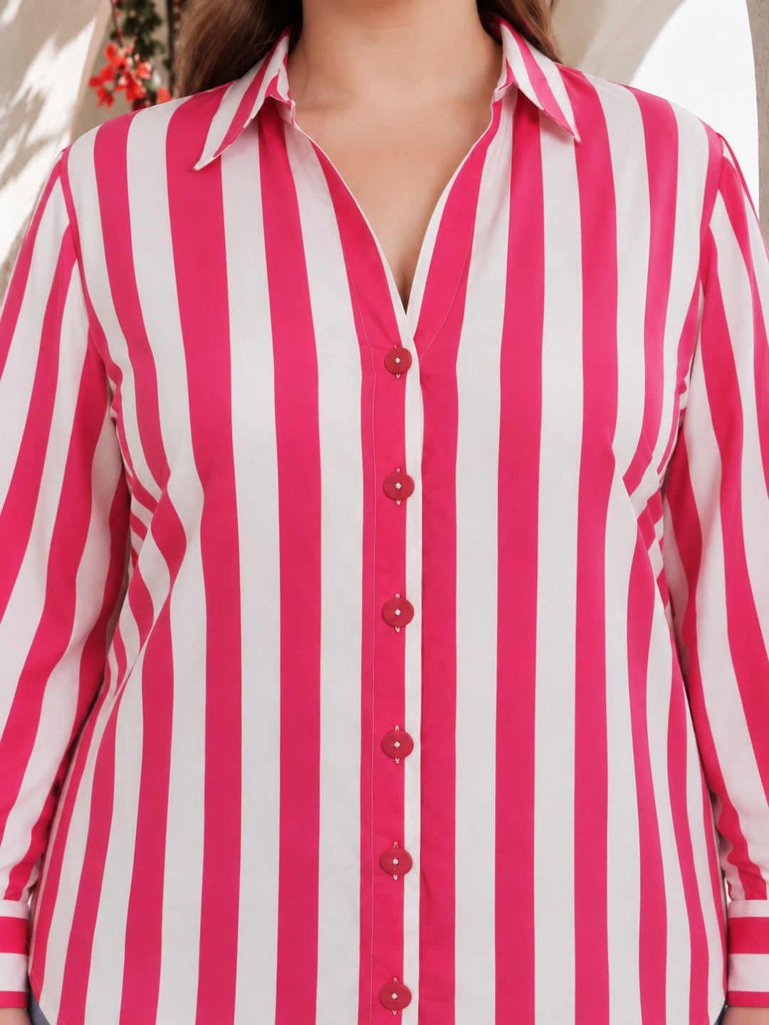 Women Plus Size Pink Stripe Print Collared Long Sleeve Cotton Poplin Shirt