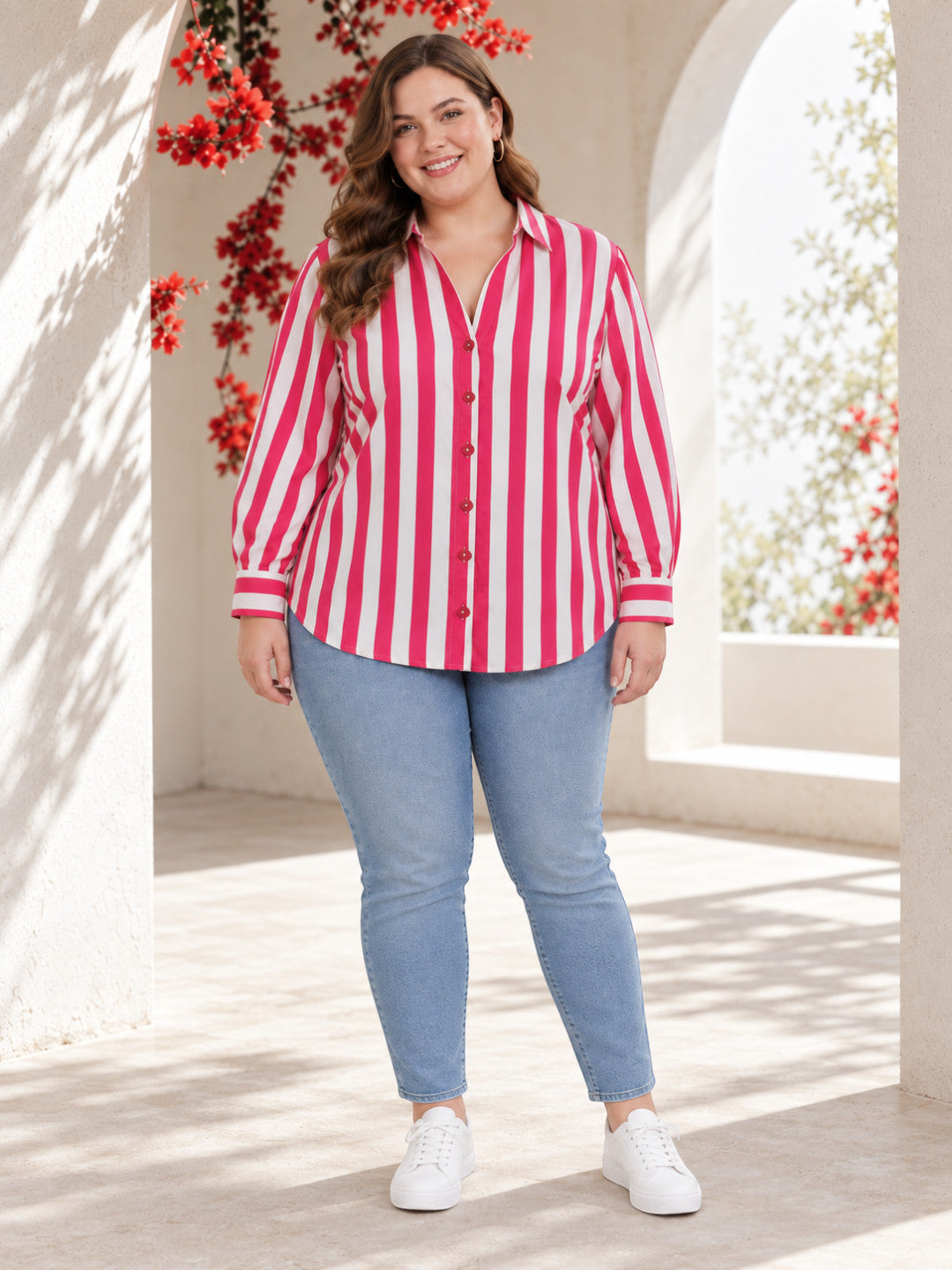Women Plus Size Pink Stripe Print Collared Long Sleeve Cotton Poplin Shirt