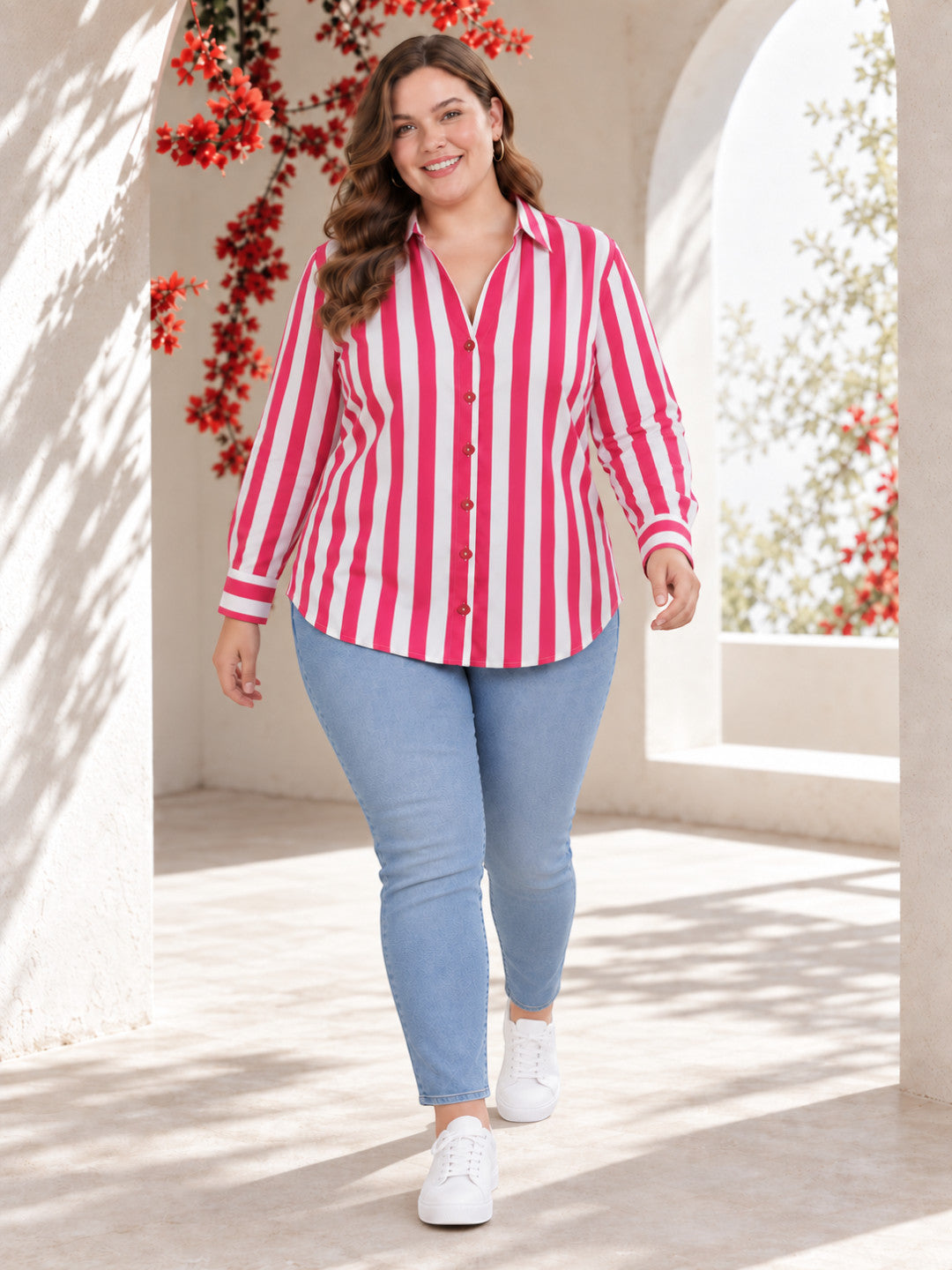 Women Plus Size Pink Stripe Print Collared Long Sleeve Cotton Poplin Shirt