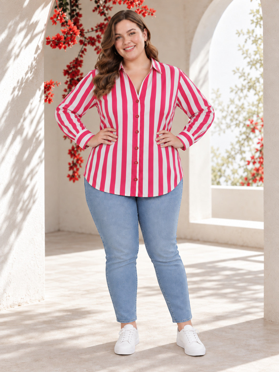 Women Plus Size Pink Stripe Print Collared Long Sleeve Cotton Poplin Shirt