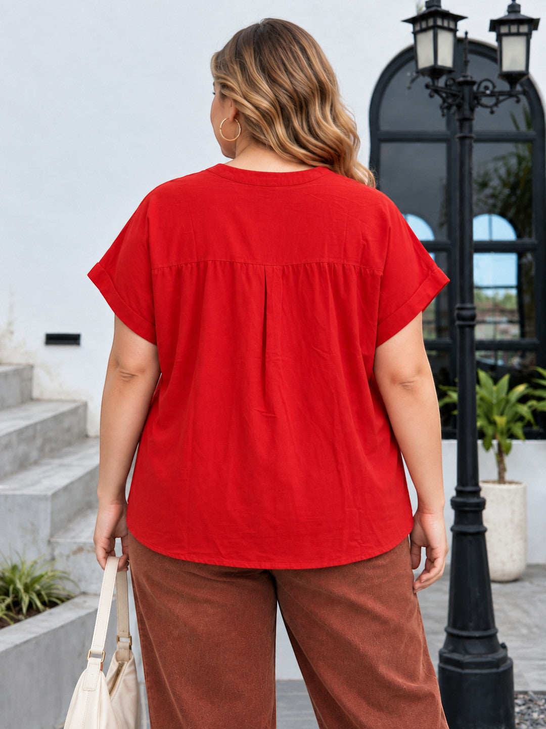 Women Plus Size Red V-Neck Short Sleeve Cotton Top