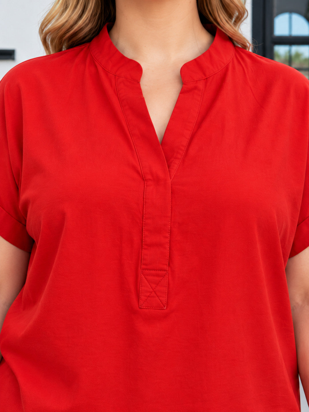Women Plus Size Red V-Neck Short Sleeve Cotton Top