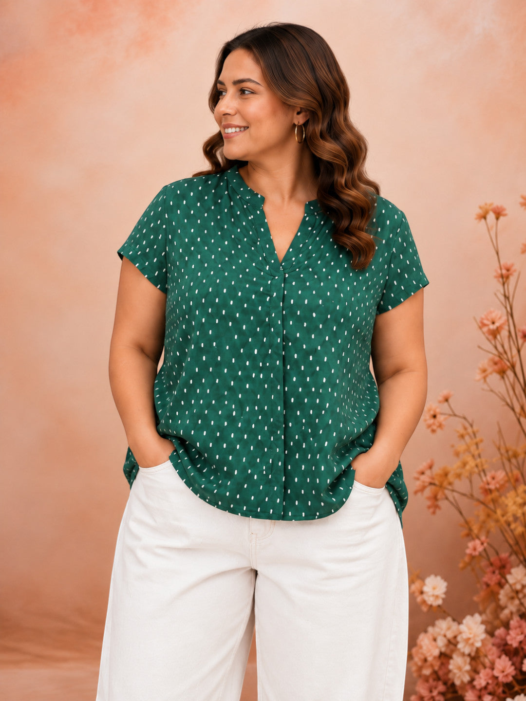 Women Plus Size Green Polka Dot Print V-Neck Short Sleeve Cotton Dobby Top