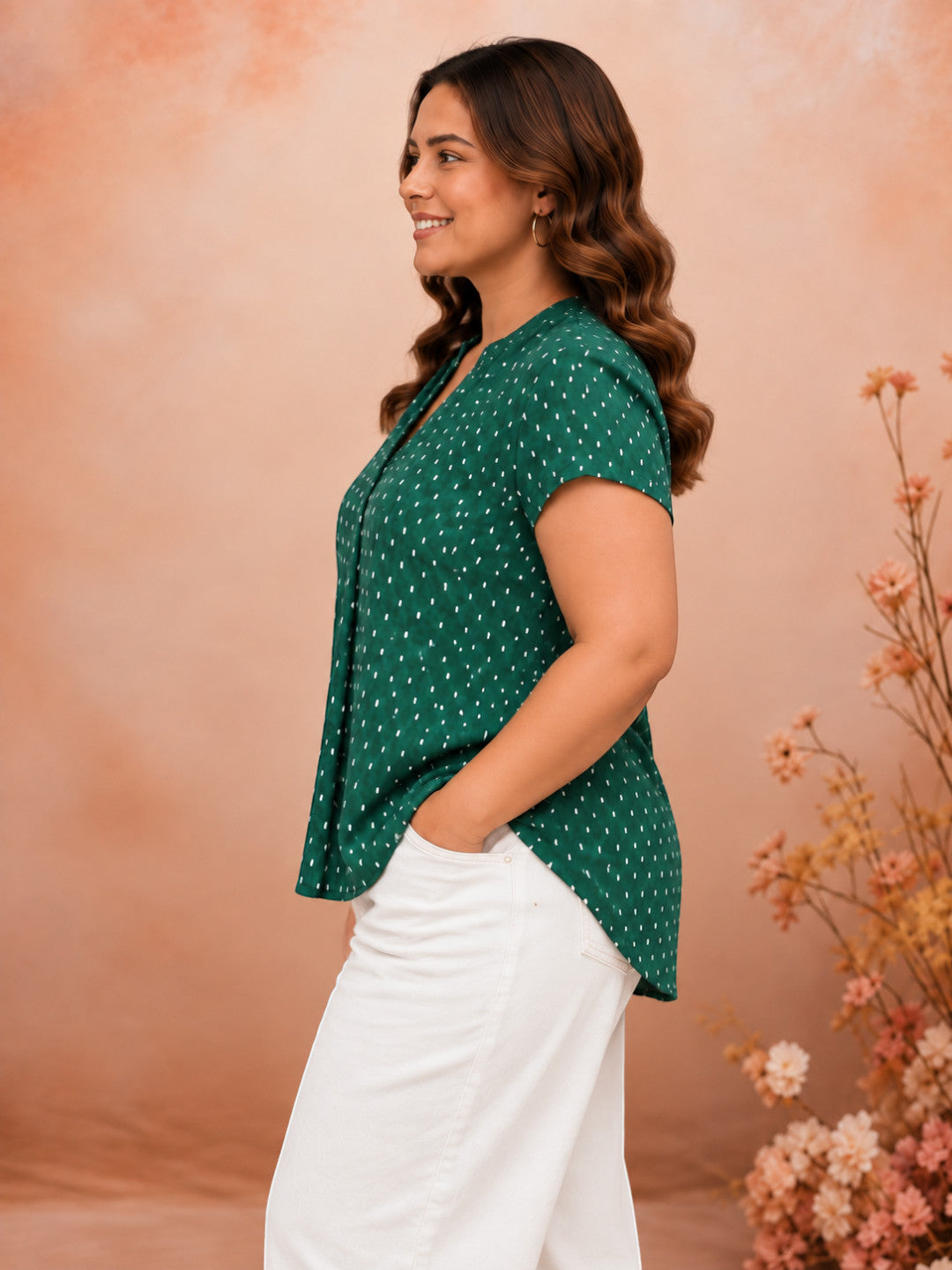 Women Plus Size Green Polka Dot Print V-Neck Short Sleeve Cotton Dobby Top