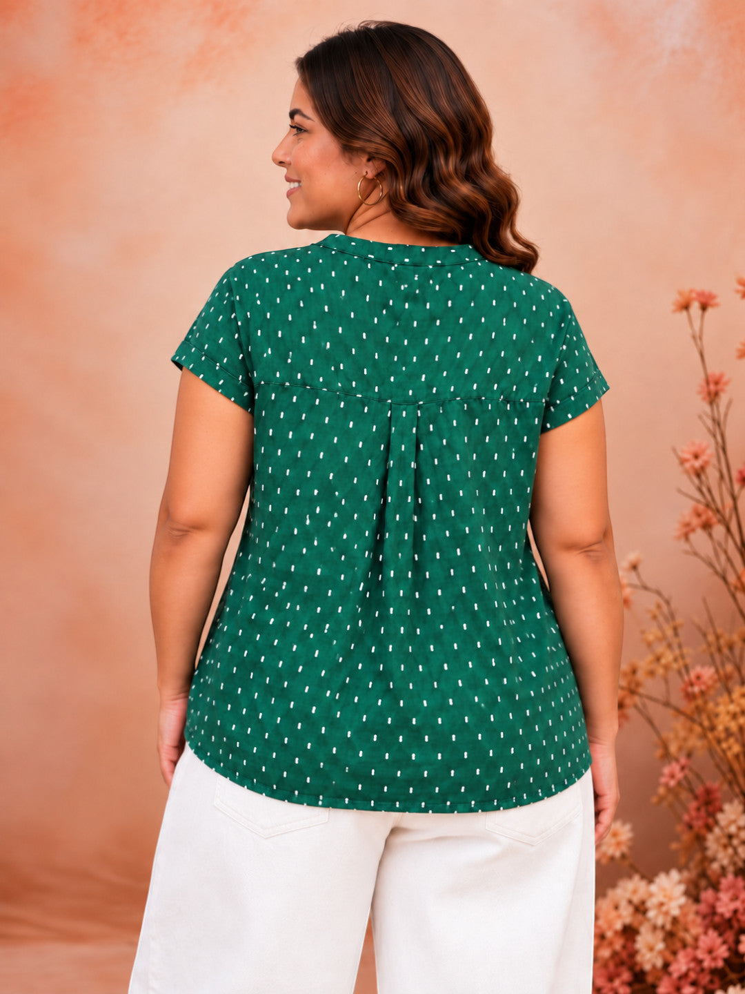 Women Plus Size Green Polka Dot Print V-Neck Short Sleeve Cotton Dobby Top