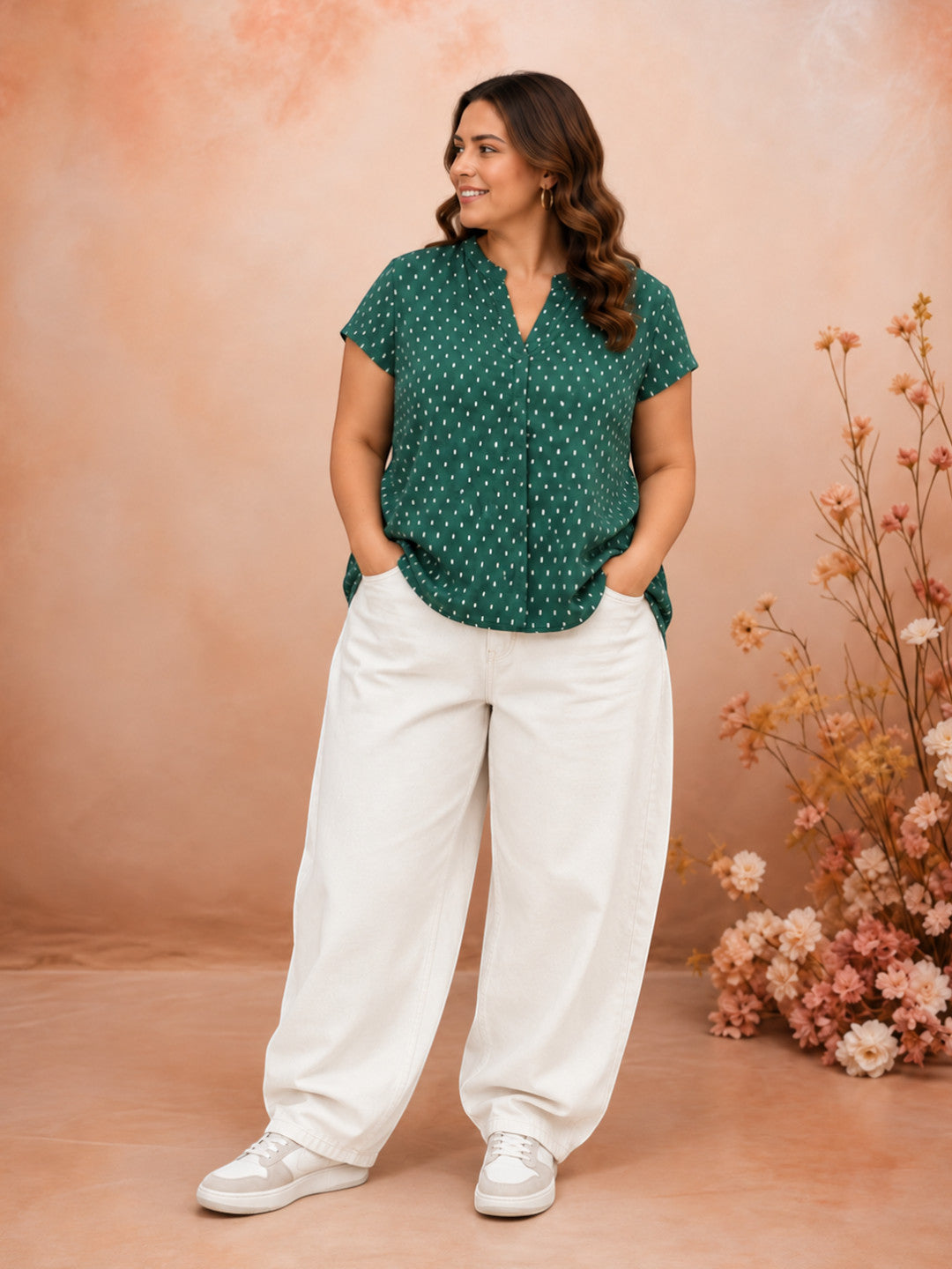 Women Plus Size Green Polka Dot Print V-Neck Short Sleeve Cotton Dobby Top