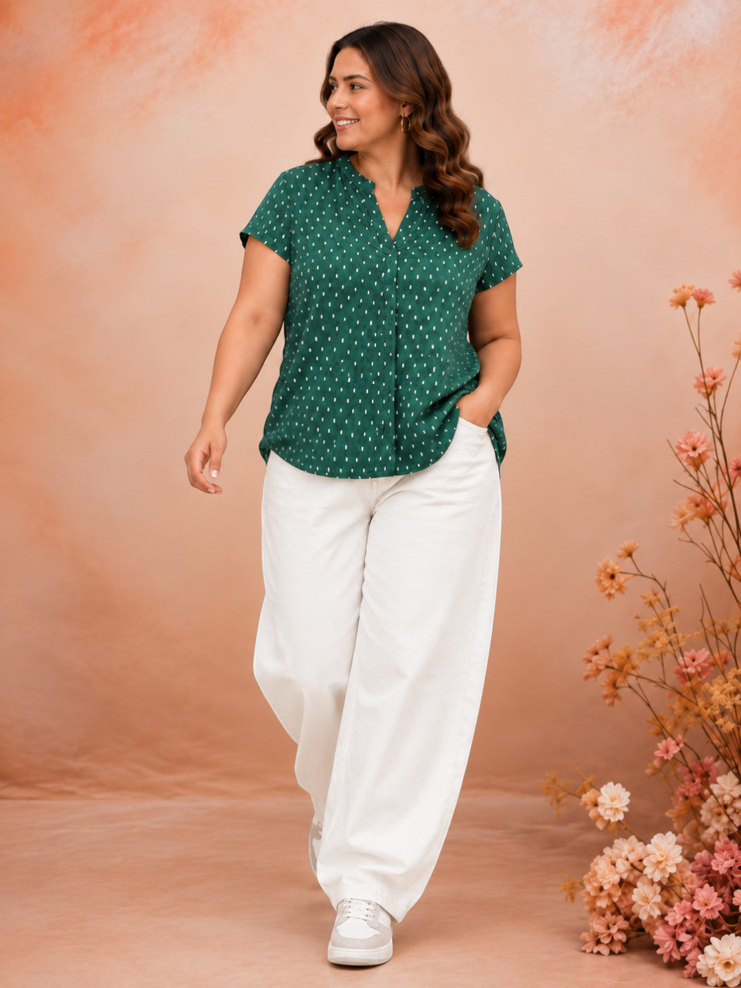 Women Plus Size Green Polka Dot Print V-Neck Short Sleeve Cotton Dobby Top