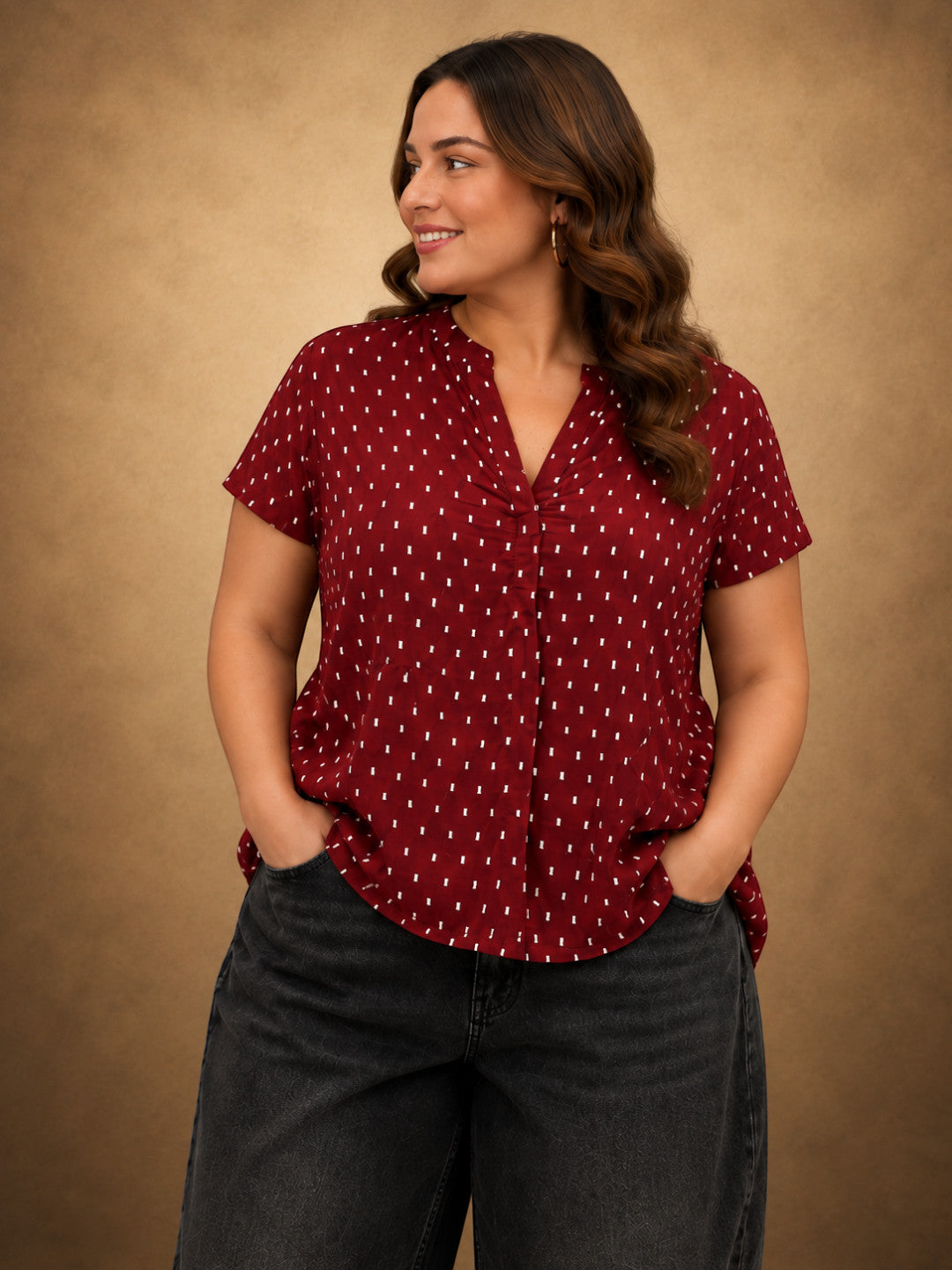 Women Plus Size Maroon Polka Dot Print V-Neck Short Sleeve Cotton Dobby Top