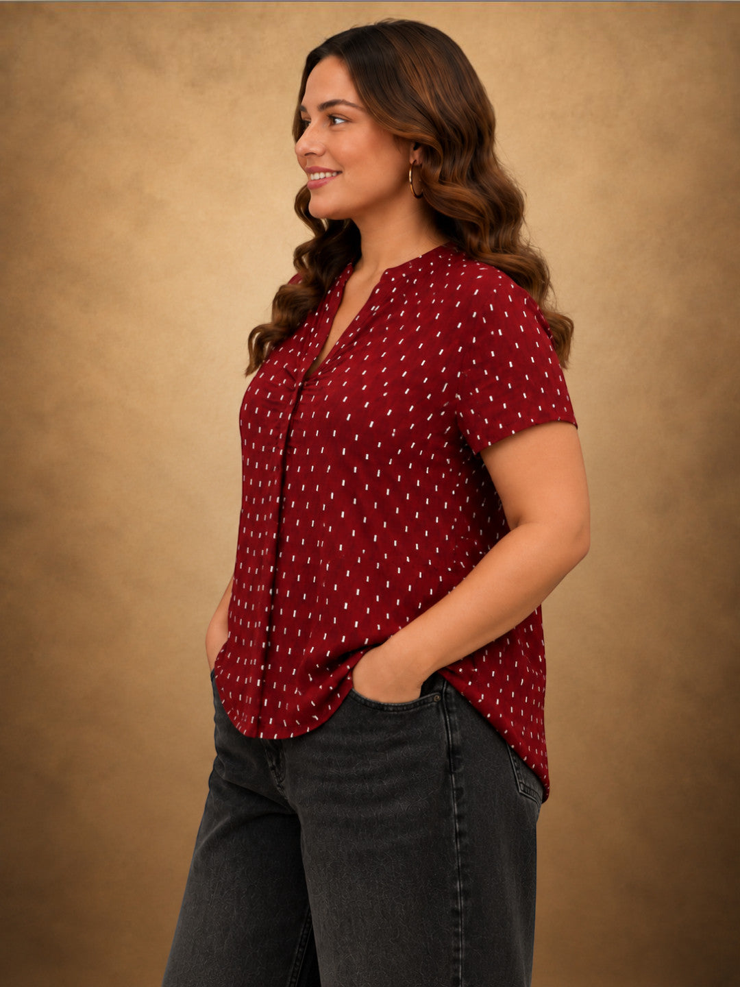 Women Plus Size Maroon Polka Dot Print V-Neck Short Sleeve Cotton Dobby Top