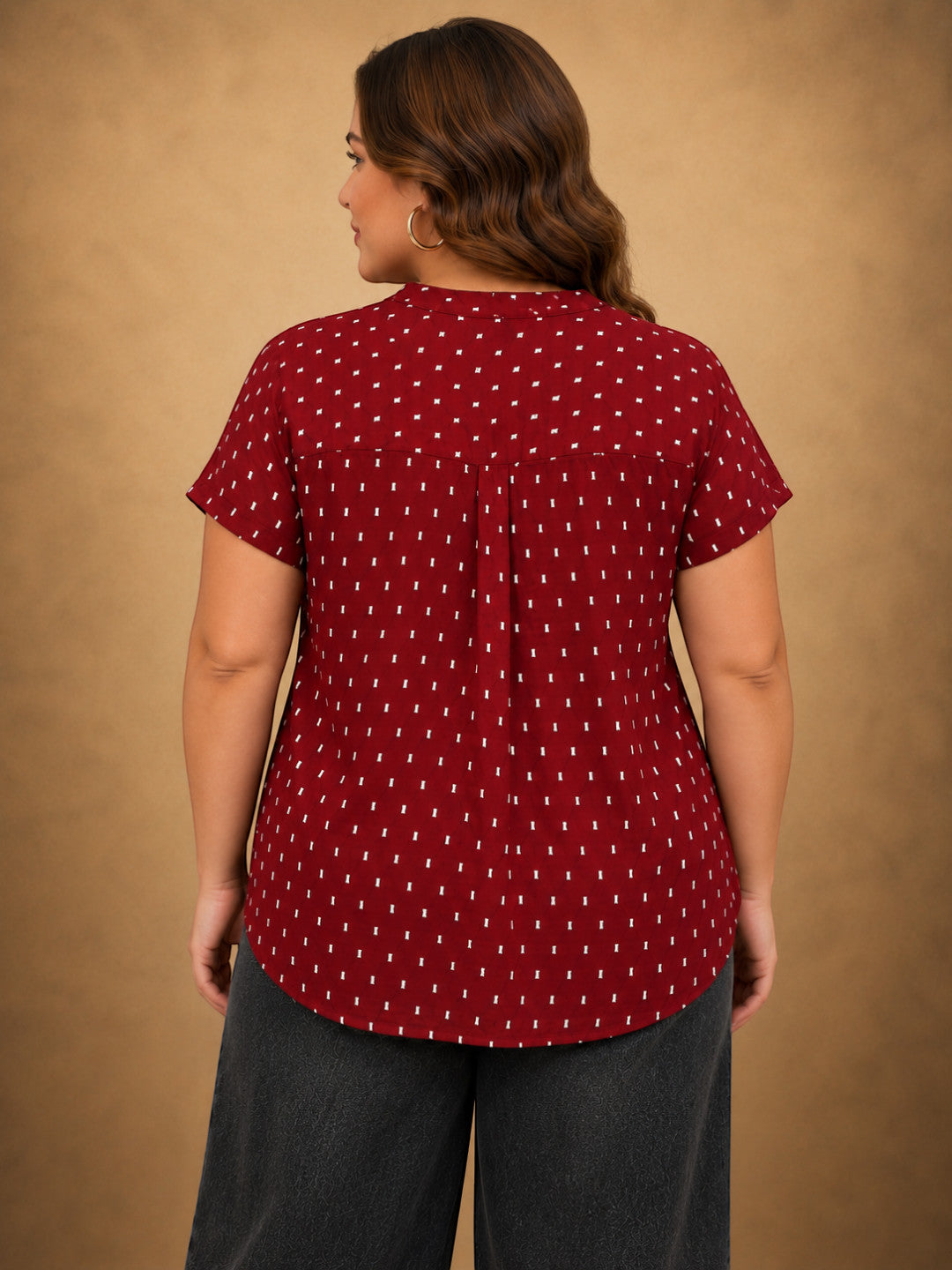Women Plus Size Maroon Polka Dot Print V-Neck Short Sleeve Cotton Dobby Top