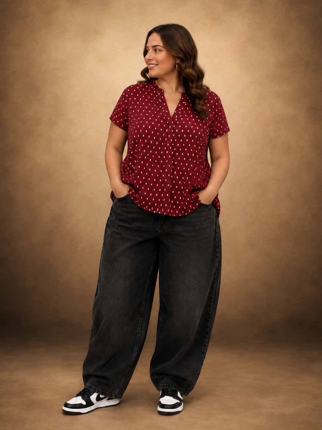 Women Plus Size Maroon Polka Dot Print V-Neck Short Sleeve Cotton Dobby Top