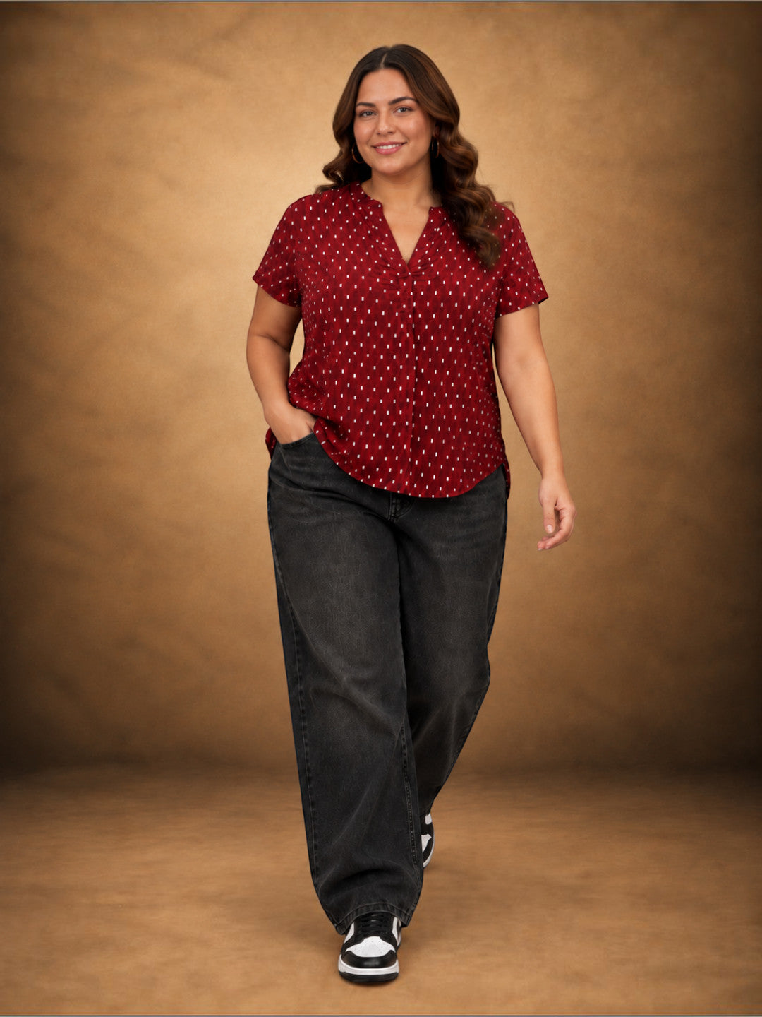 Women Plus Size Maroon Polka Dot Print V-Neck Short Sleeve Cotton Dobby Top