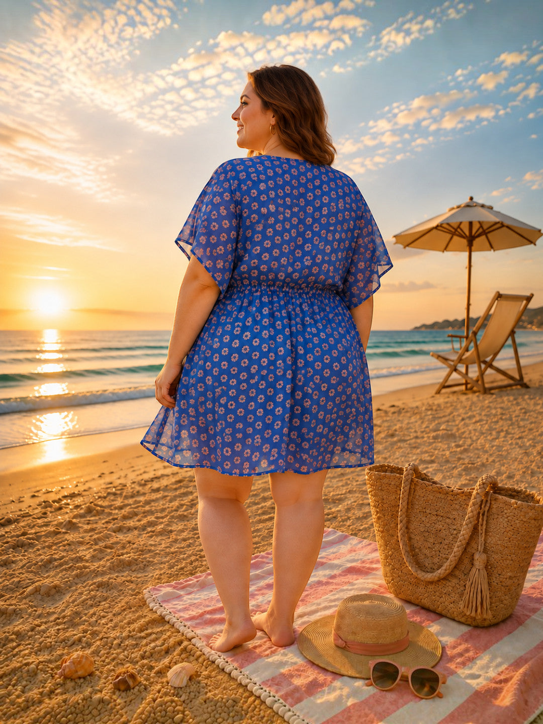Women Plus Size Blue Floral Print Elasticated Tie-Up Detail V-Neck Short Sleeve Beachwear Kaftan