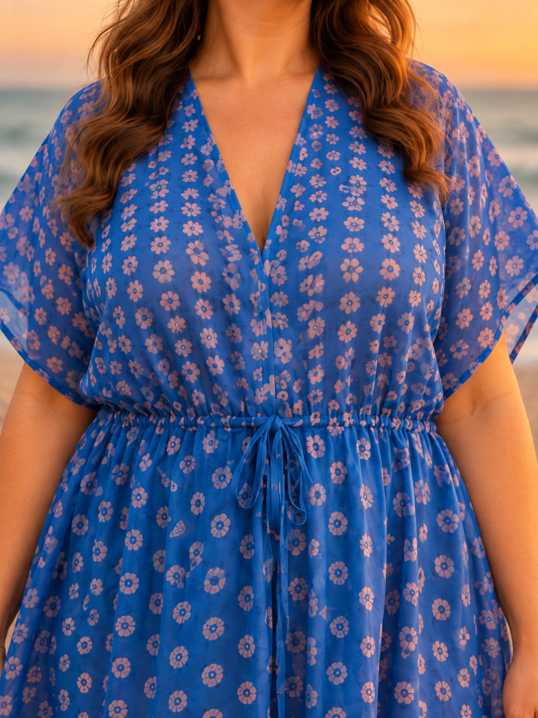 Women Plus Size Blue Floral Print Elasticated Tie-Up Detail V-Neck Short Sleeve Beachwear Kaftan