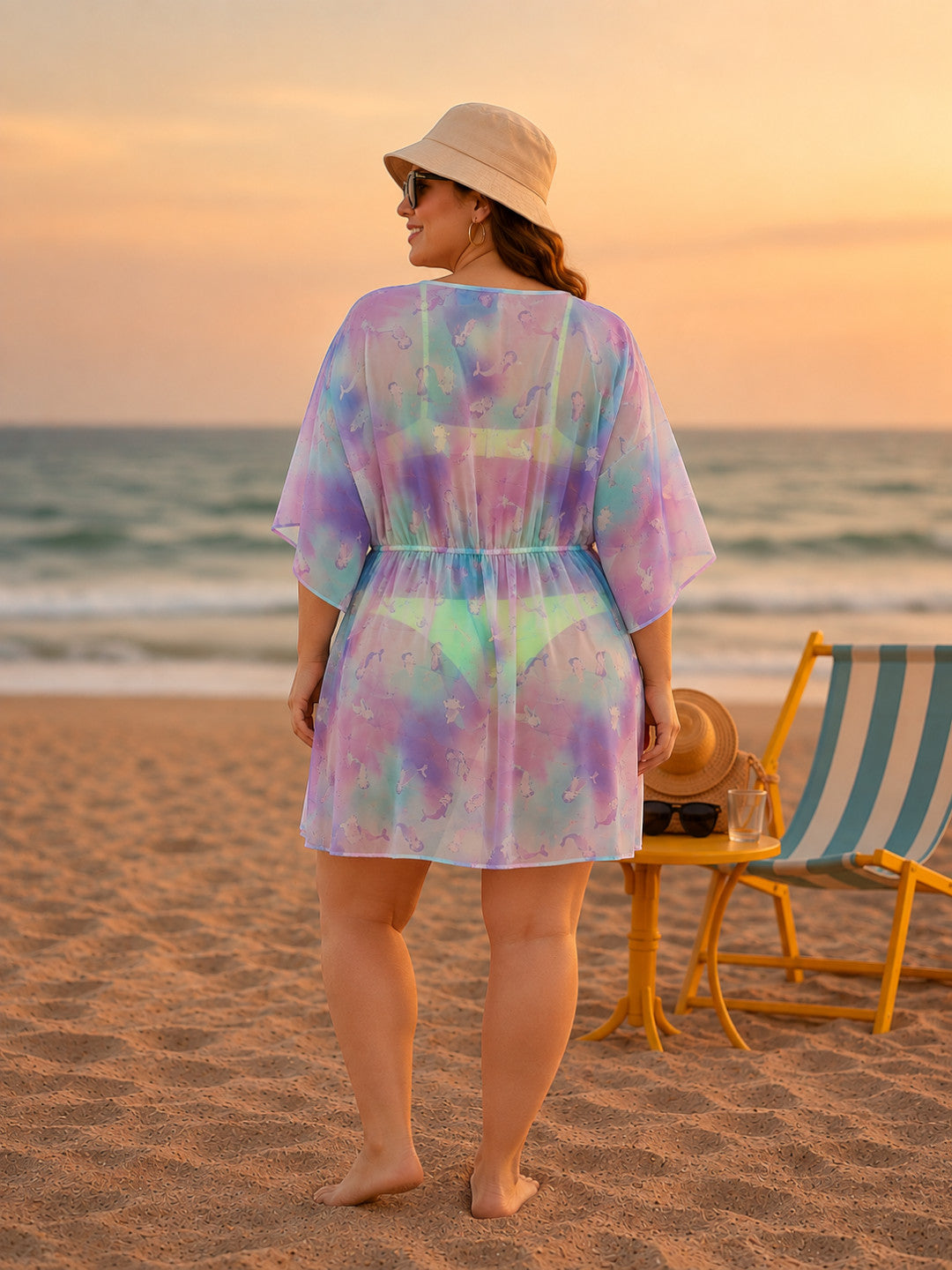 Women Plus Size Multicolor Tie-Dye Print Elasticated Tie-Up V-Neck Short Sleeve Beachwear Kaftan