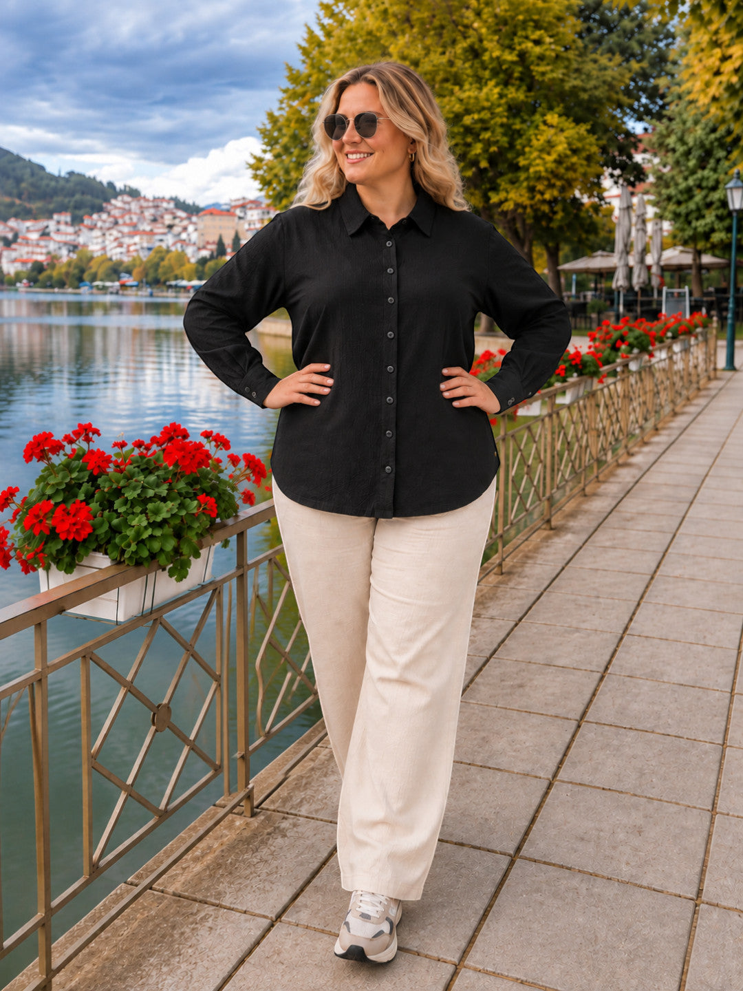 Women Plus Size Black Solid Collared Long Sleeve Cotton Dobby Shirt