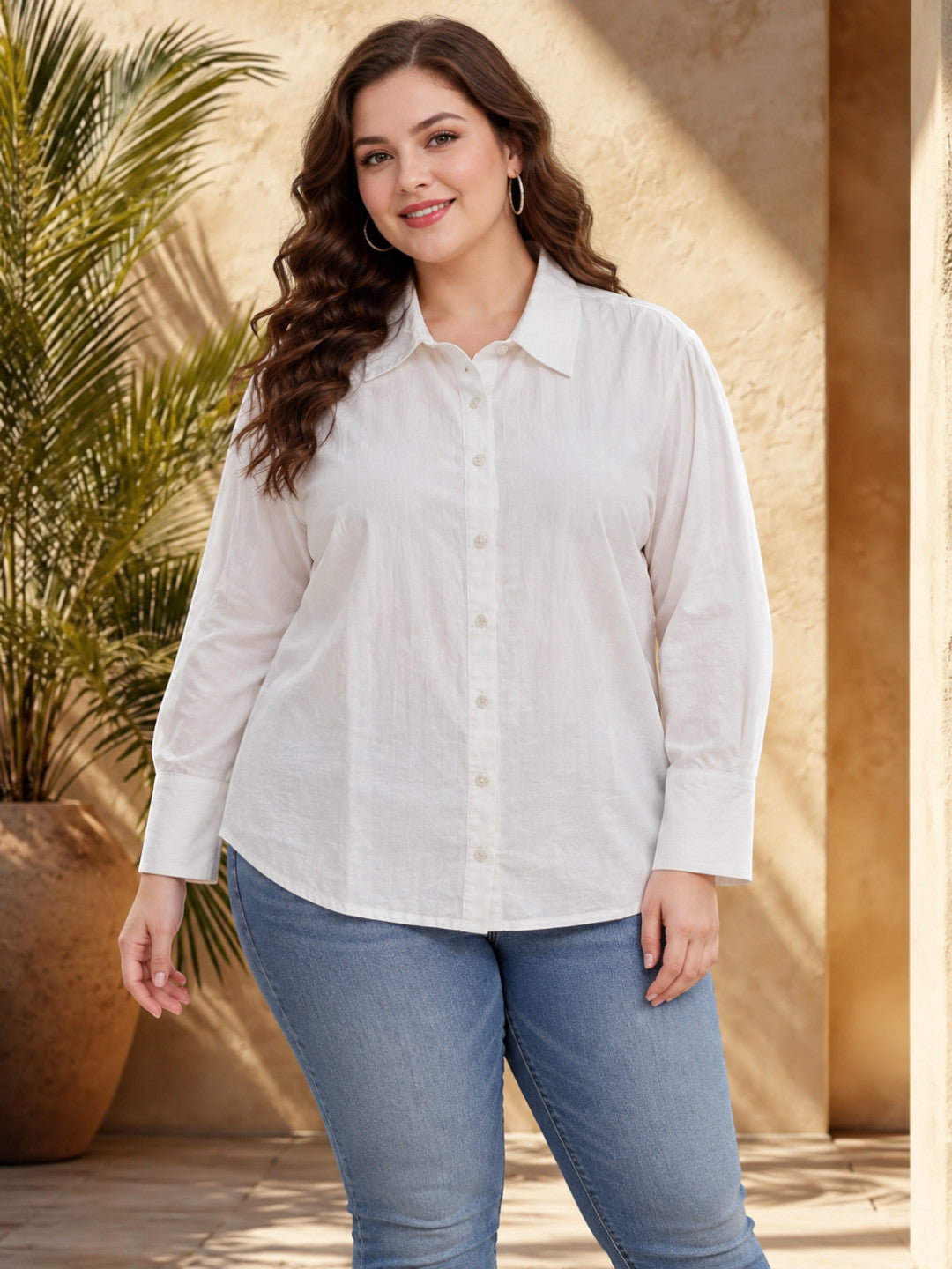 Women Plus Size White Solid Collared Long Sleeve Cotton Dobby Shirt