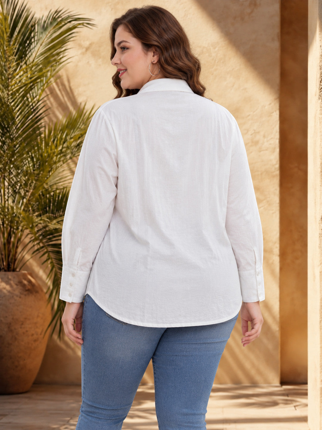 Women Plus Size White Solid Collared Long Sleeve Cotton Dobby Shirt