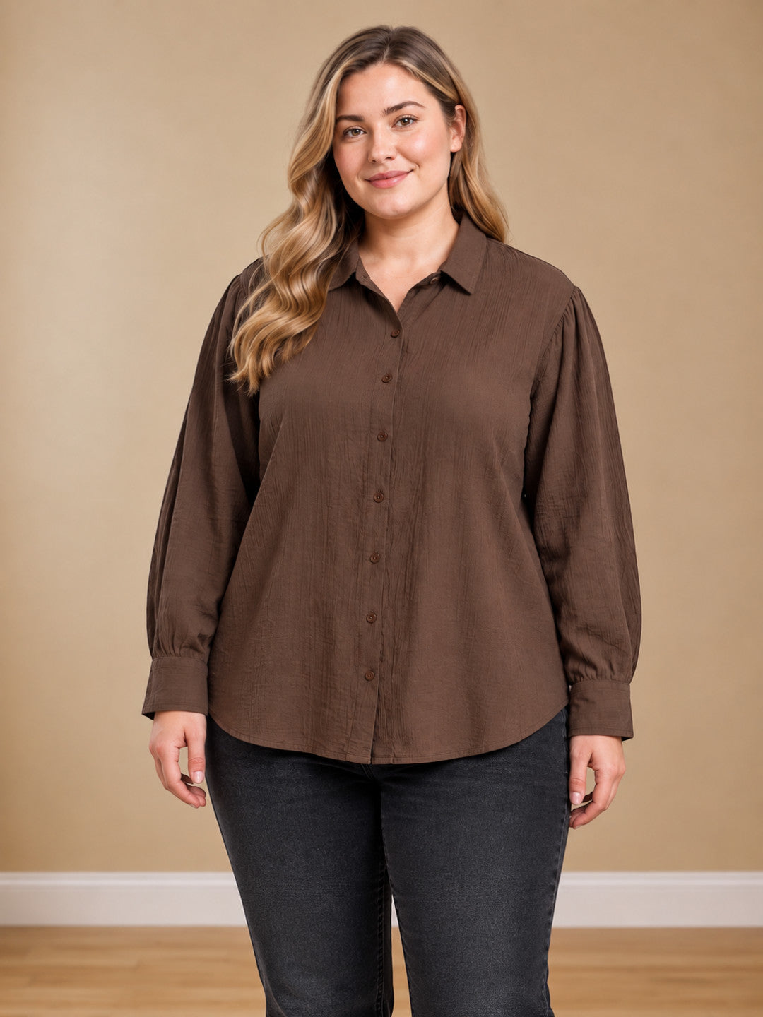 Women Plus Size Brown Solid Collared Long Sleeve Cotton Dobby Shirt