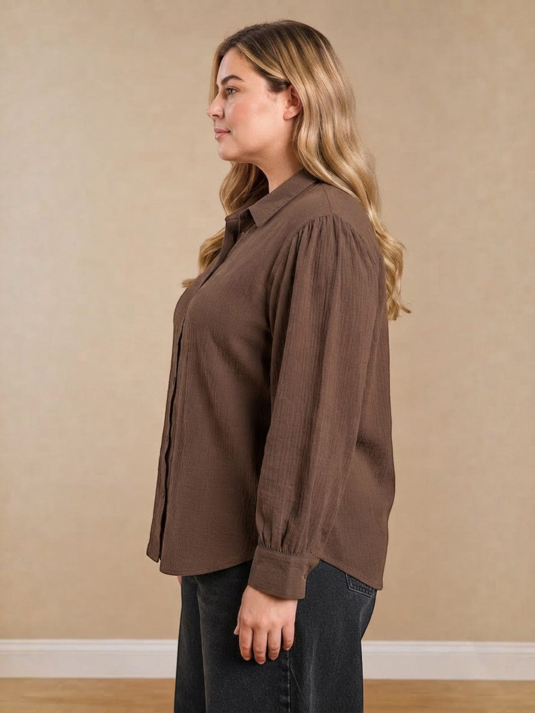 Women Plus Size Brown Solid Collared Long Sleeve Cotton Dobby Shirt
