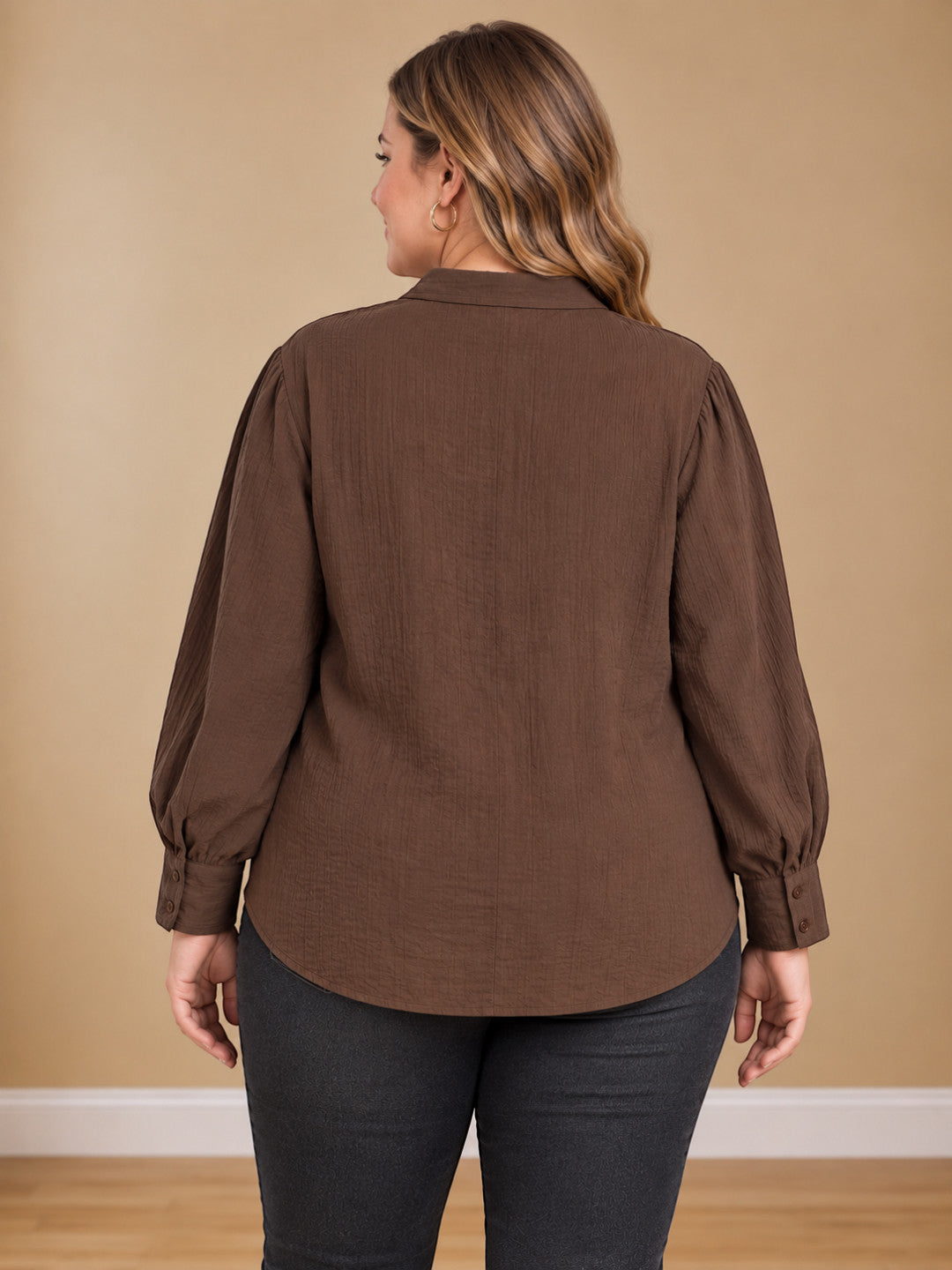 Women Plus Size Brown Solid Collared Long Sleeve Cotton Dobby Shirt