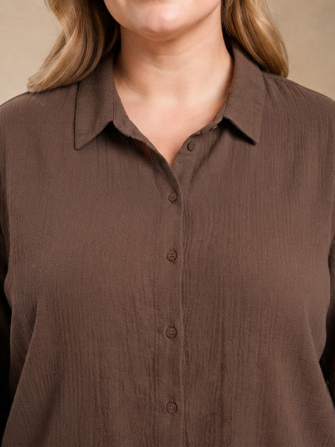 Women Plus Size Brown Solid Collared Long Sleeve Cotton Dobby Shirt