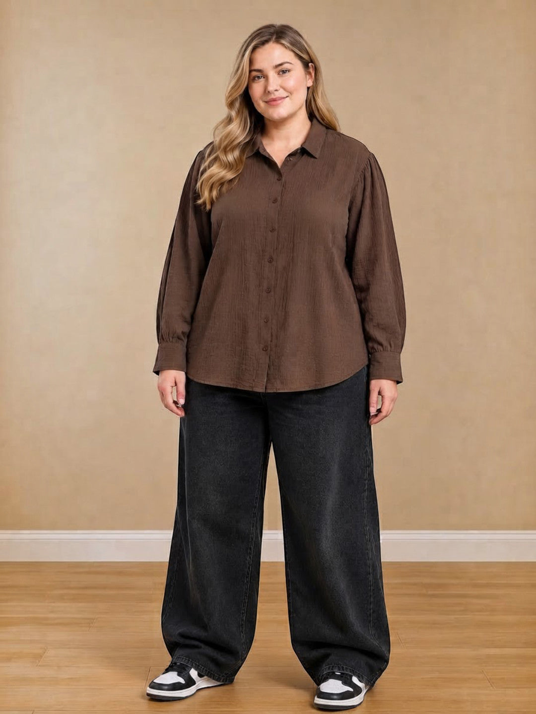 Women Plus Size Brown Solid Collared Long Sleeve Cotton Dobby Shirt