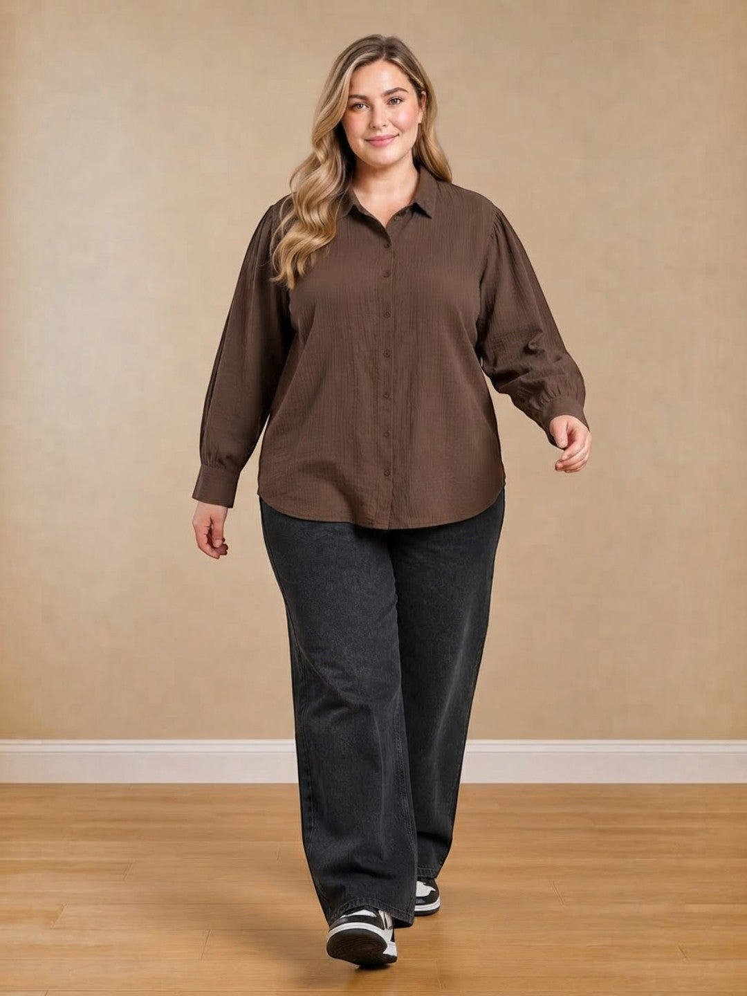 Women Plus Size Brown Solid Collared Long Sleeve Cotton Dobby Shirt
