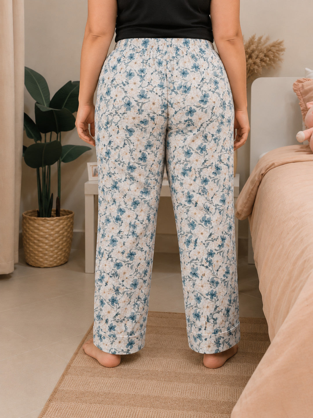 Women Plus Size Light Blue Floral Print Elasticated Nightwear Pajama