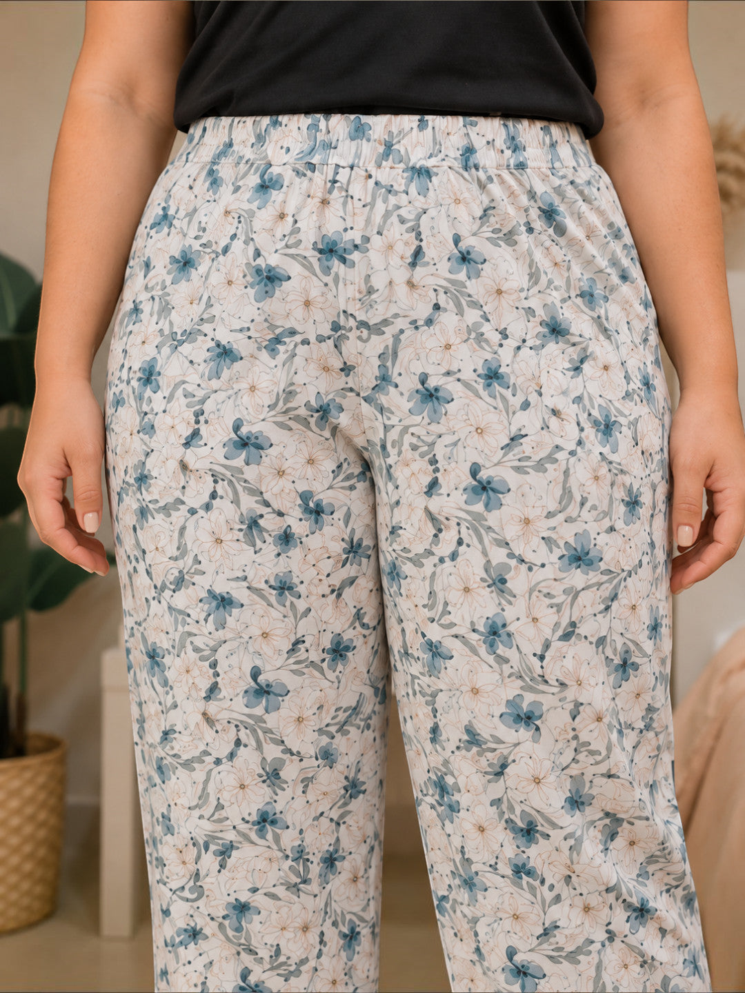 Women Plus Size Light Blue Floral Print Elasticated Nightwear Pajama