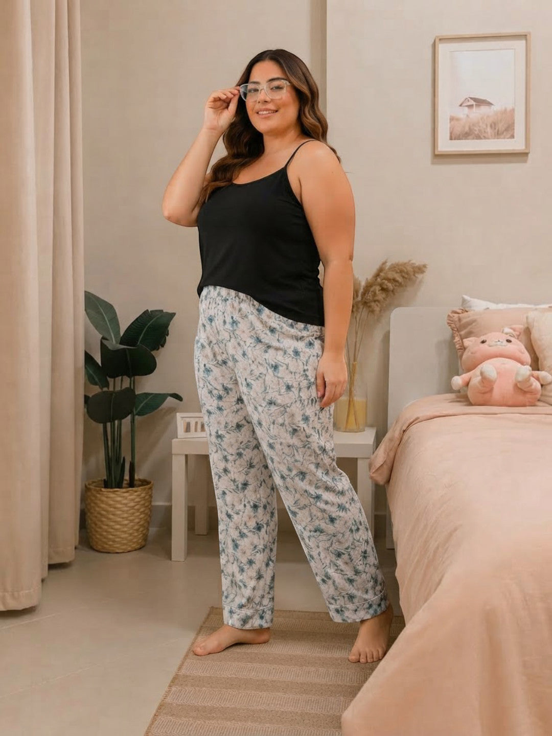 Women Plus Size Light Blue Floral Print Elasticated Nightwear Pajama
