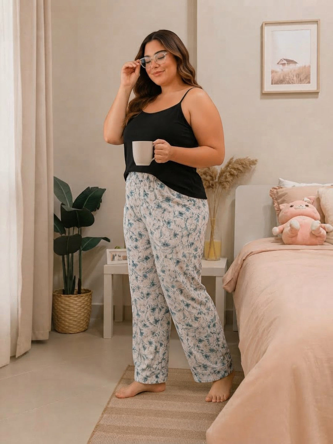 Women Plus Size Light Blue Floral Print Elasticated Nightwear Pajama