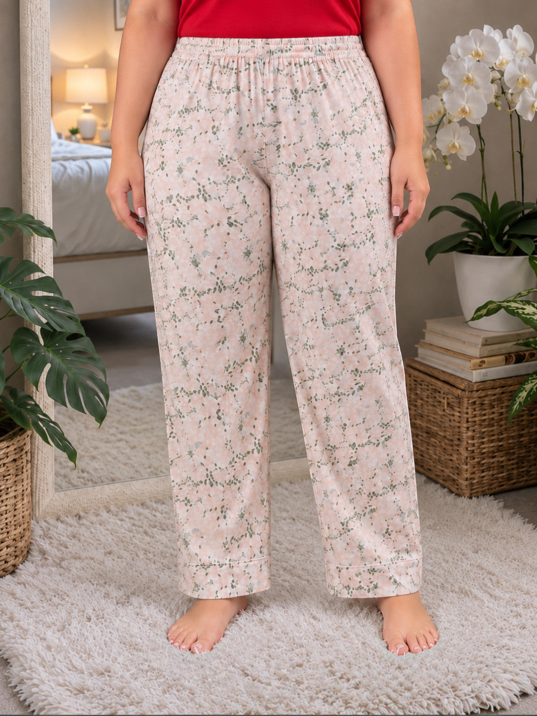 Women Plus Size Multicolor Floral Print Elasticated Nightwear Pajama