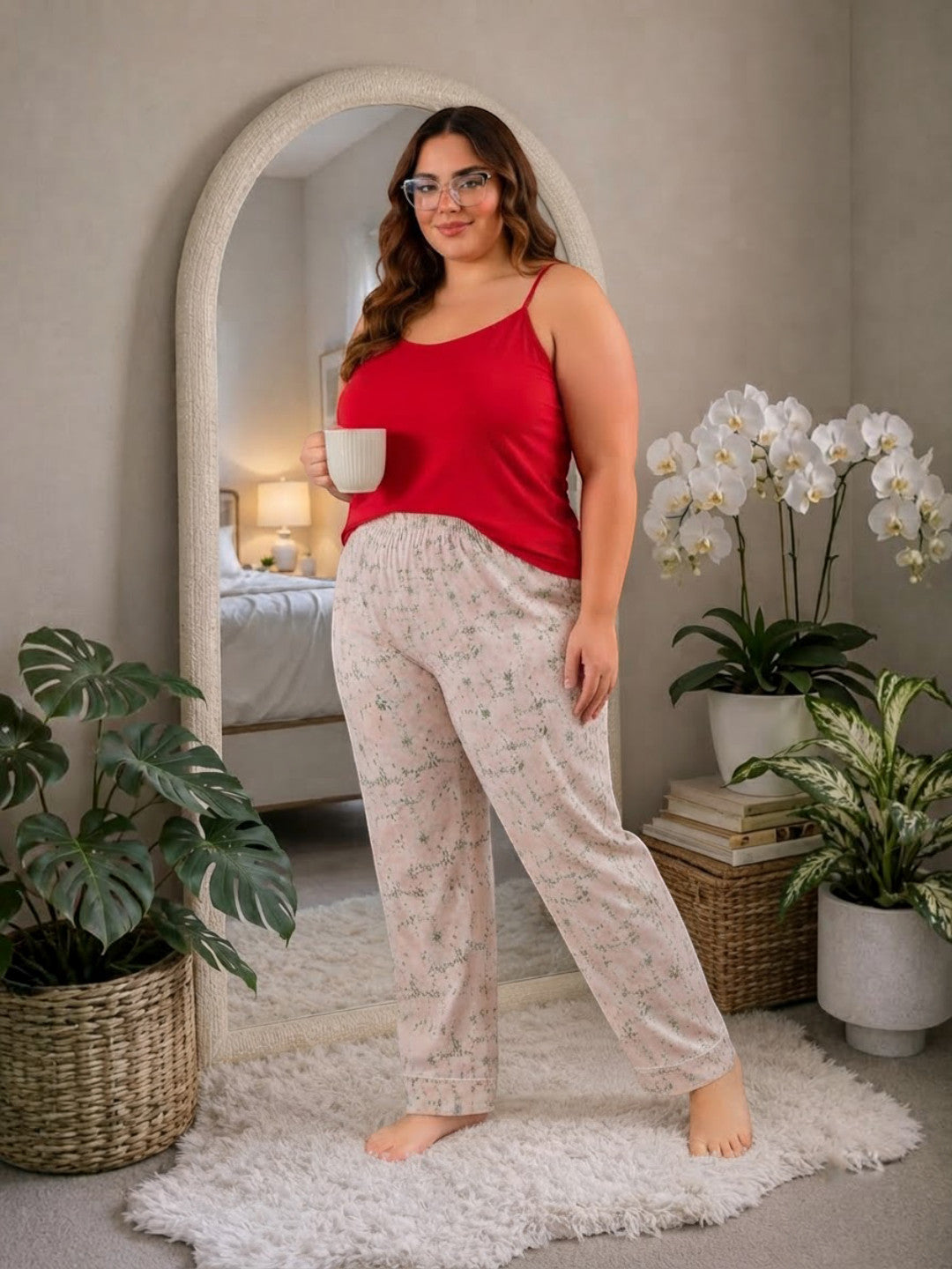 Women Plus Size Multicolor Floral Print Elasticated Nightwear Pajama