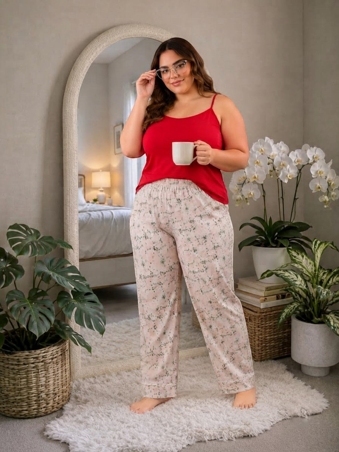 Women Plus Size Multicolor Floral Print Elasticated Nightwear Pajama
