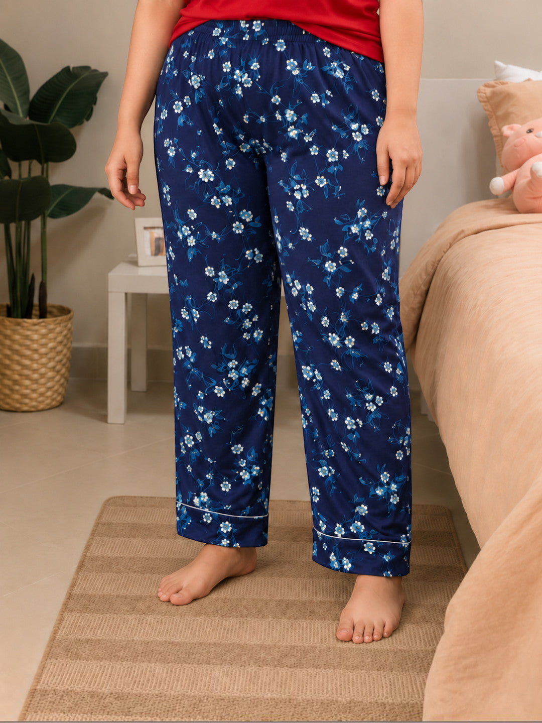 Women Plus Size Navy Blue Floral Print Elasticated Nightwear Pajama