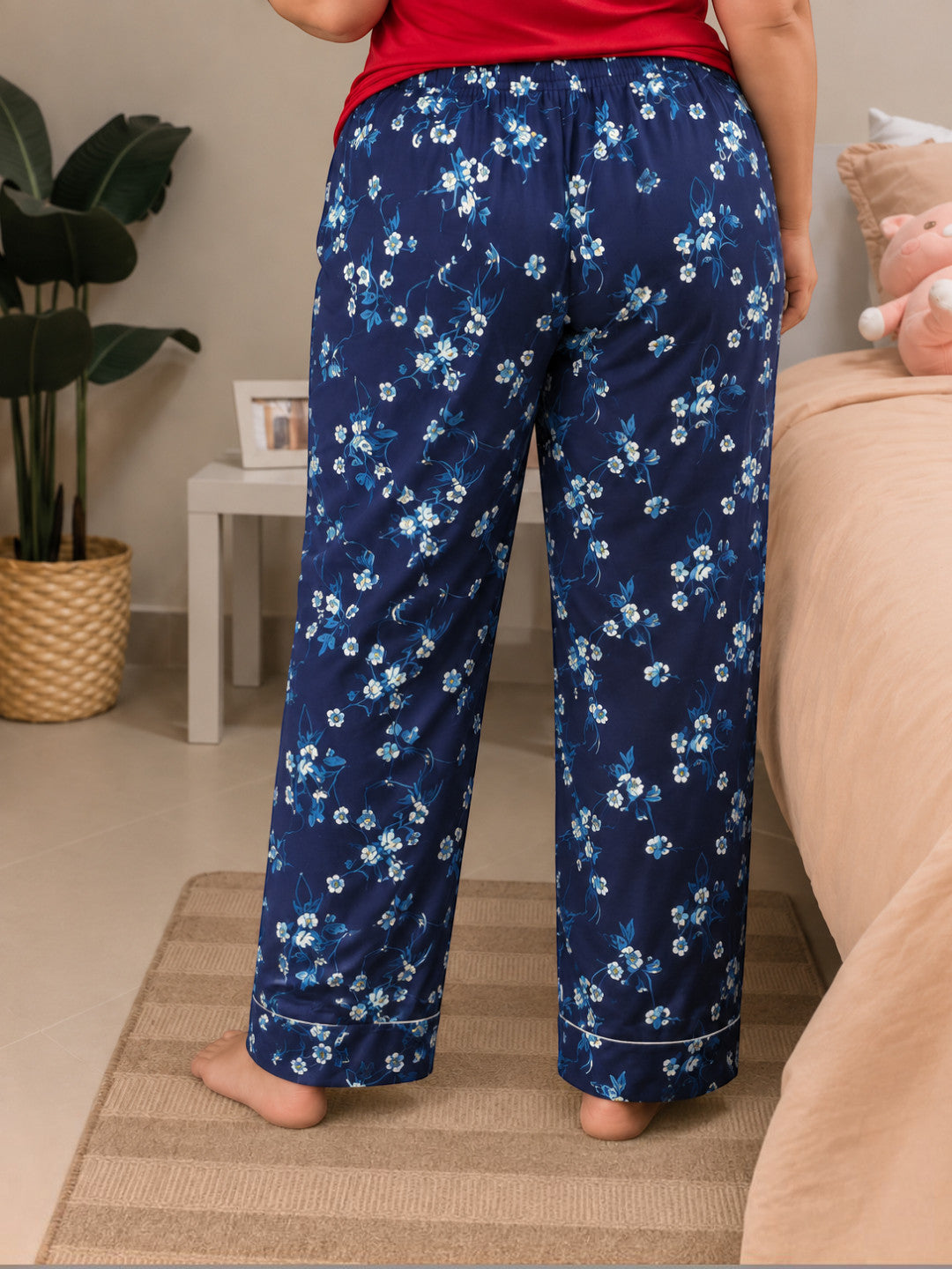 Women Plus Size Navy Blue Floral Print Elasticated Nightwear Pajama